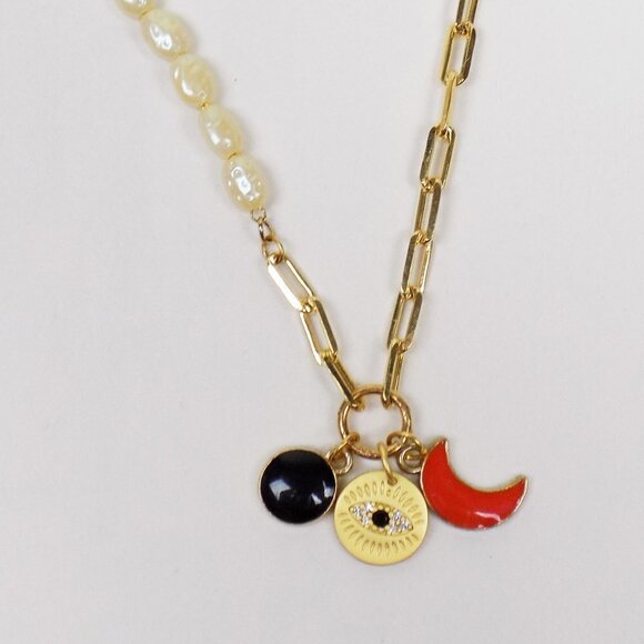 new in box! charm necklace pearl paperclip link toggle CZ stone moon - Picture 2 of 7